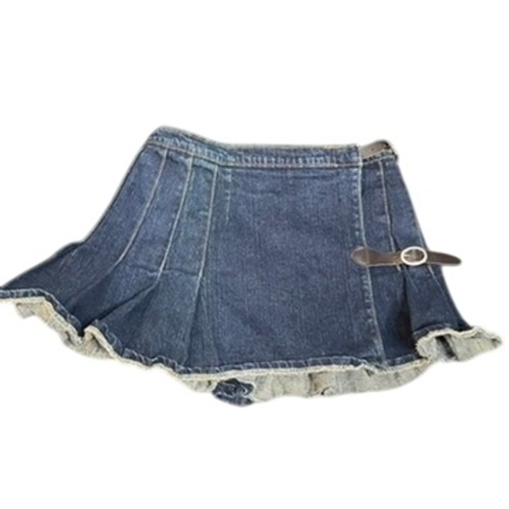 J. Galt Pleated Denim Mini Skirt Dark Wash Buckle Accent Raw Hem Small
